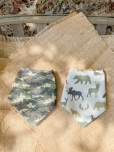 Load image into Gallery viewer, Woodland Camo In Green reversible dog bandana with soft macrame cord tie closure. Free Personalization available
