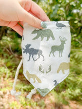 Load image into Gallery viewer, Woodland Camo In Green reversible dog bandana with soft macrame cord tie closure. Free Personalization available
