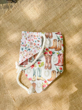 Load image into Gallery viewer, Rodeo Blooms reversible dog bandana with soft macrame cord tie closure. Free Personalization available
