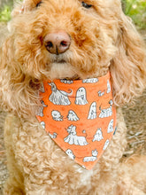 Load image into Gallery viewer, Boo + Bark reversible dog bandana with soft macrame cord tie closure. Free Personalization available
