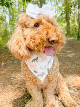 Load image into Gallery viewer, Woodland Camo In Pink reversible dog bandana with soft macrame cord tie closure. Free Personalization available

