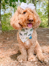 Load image into Gallery viewer, Woodland Camo In Green reversible dog bandana with soft macrame cord tie closure. Free Personalization available
