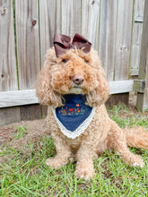 Load image into Gallery viewer, Harvest Floral machine embroidered dog bandana with soft macrame cord tie closure
