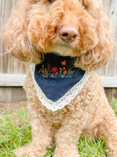 Load image into Gallery viewer, Harvest Floral machine embroidered dog bandana with soft macrame cord tie closure
