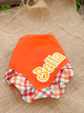 Load image into Gallery viewer, Candy Corn Plaid Ruffle Bandana with Soft Macrame Cord Tie Closure
