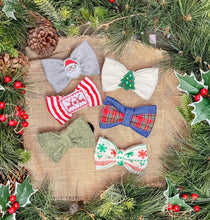 Load image into Gallery viewer, Denim and tartan Bow Tie made with Alligator hair clip, over the collar or elastic headband
