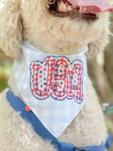 Load image into Gallery viewer, Liberty USA Applique dog bandana with soft macrame cord tie closure.
