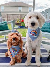 Load image into Gallery viewer, Be Kind Rainbow dog bandana with soft macrame cord tie closure available with or without rainbow tassel trim (Look for matching hair bow)
