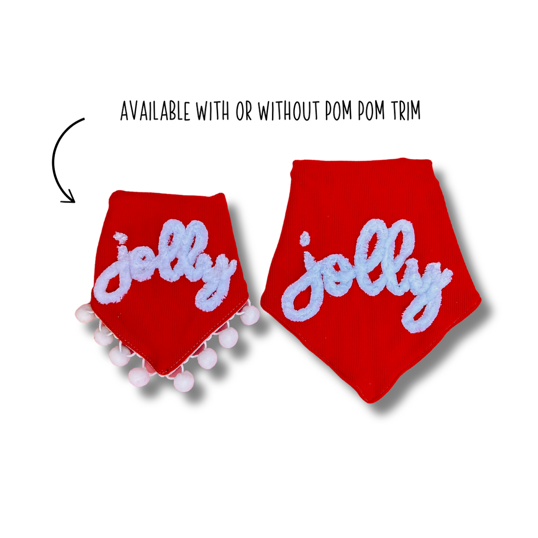 Jolly yarn design dog bandana with soft macrame cord tie closure