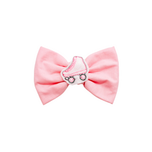 Load image into Gallery viewer, Light Pink Bow Tie with embroidered roller skate feltie center made with Alligator hair clip, over the collar or elastic headband (2 sizes available)
