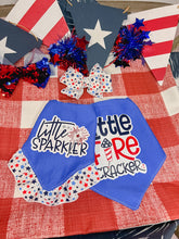 Load image into Gallery viewer, Little Sparkler or Little Firecracker dog bandana with soft macrame cord tie closure available with or without ribbon ruffle trim (Look for matching hair bow)
