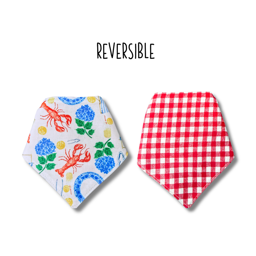 Lobster Boil reversible dog bandana with soft macrame cord tie closure. Free Personalization available