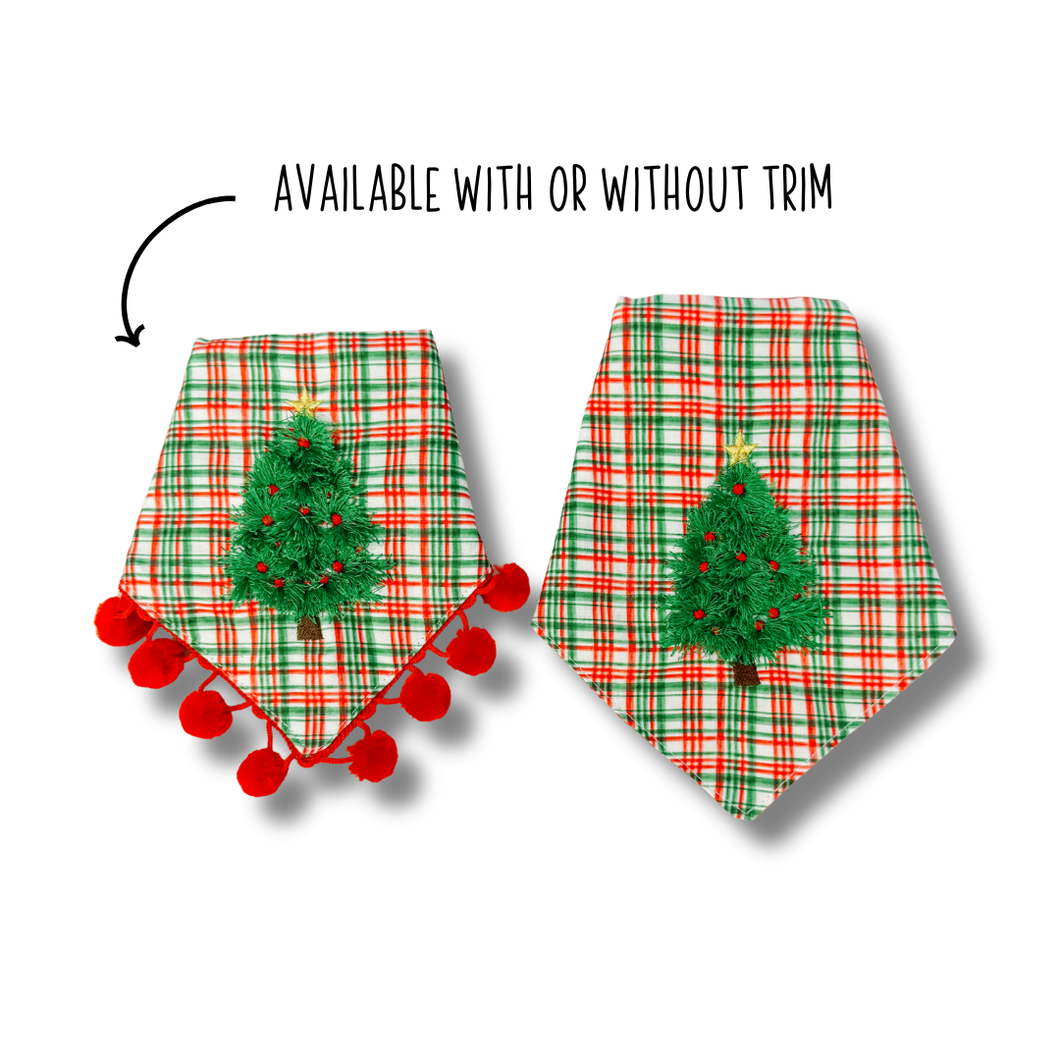 Loopy Christmas tree applique dog bandana with soft macrame cord tie closure. Available with or without poms