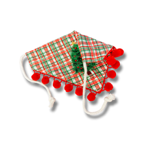 Load image into Gallery viewer, Loopy Christmas tree applique dog bandana with soft macrame cord tie closure. Available with or without poms
