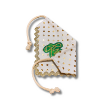 Load image into Gallery viewer, Lucky Applique on gold dots dog bandana with soft macrame cord tie closure (optional gold metallic rick rack trim)
