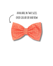 Load image into Gallery viewer, Pink/melon with white pin dot bow tie made with Alligator hair clip, over the collar or elastic headband (2 sizes available)
