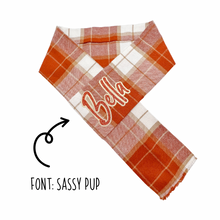 Load image into Gallery viewer, Orange Plaid Flannel Adjustable Dog Scarf FREE PERSONALIZATION
