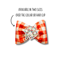 Load image into Gallery viewer, Red and white gingham bow tie with &quot;Dog paw lights&quot; feltie made with Alligator hair clip and over the collar  (2 sizes available)
