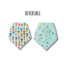 Load image into Gallery viewer, Colorful Pineapple reversible dog bandana with soft macrame cord tie closure. Free Personalization available
