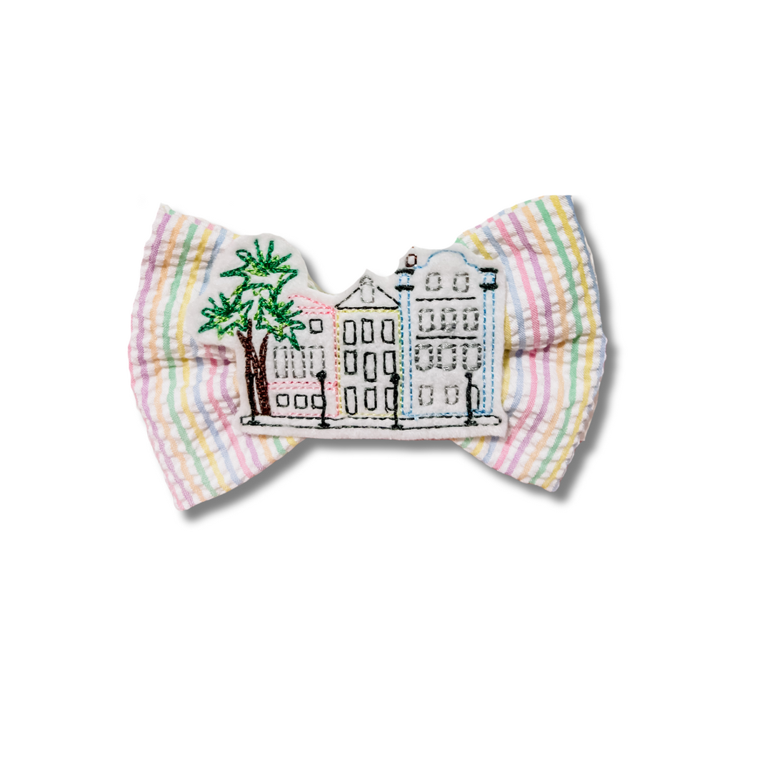 Rainbow Row on Seersucker Feltie Bow Tie made with Alligator hair clip, over the collar or elastic headband (2 sizes available)