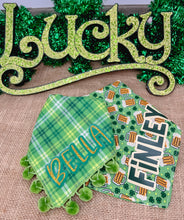 Load image into Gallery viewer, Plaid and Beer St. Patrick&#39;s Day Reversible Bandana (Look for matching hair bow) FREE personalization
