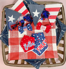 Load image into Gallery viewer, Popsicle and Stars Reversible dog bandana with soft macrame cord tie closure available with or without red mini pom trim
