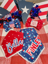Load image into Gallery viewer, Popsicle and Stars Reversible dog bandana with soft macrame cord tie closure available with or without red mini pom trim
