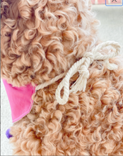 Load image into Gallery viewer, In my &quot;Bark-bie&quot; Era Double Faced Satin Ruffle or Pom Trim Dog Bandana with soft macrame cord tie closure. 4 color choices ( Look for matching bows
