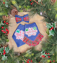 Load image into Gallery viewer, Oh Christmas Treats denim with tartan plaid ruffle dog bandana with soft macrame cord tie closure available with or without ribbon ruffle trim
