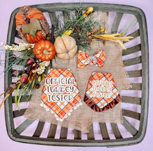 Load image into Gallery viewer, Official Turkey Tester orange plaid with velvet ruffle dog bandana with soft macrame cord tie closure available with or without ribbon ruffle trim
