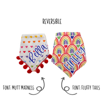 Load image into Gallery viewer, Rainbows and Hearts Reversible dog bandana with soft macrame cord tie closure available with or without red pom trim (look for matching hair bows)

