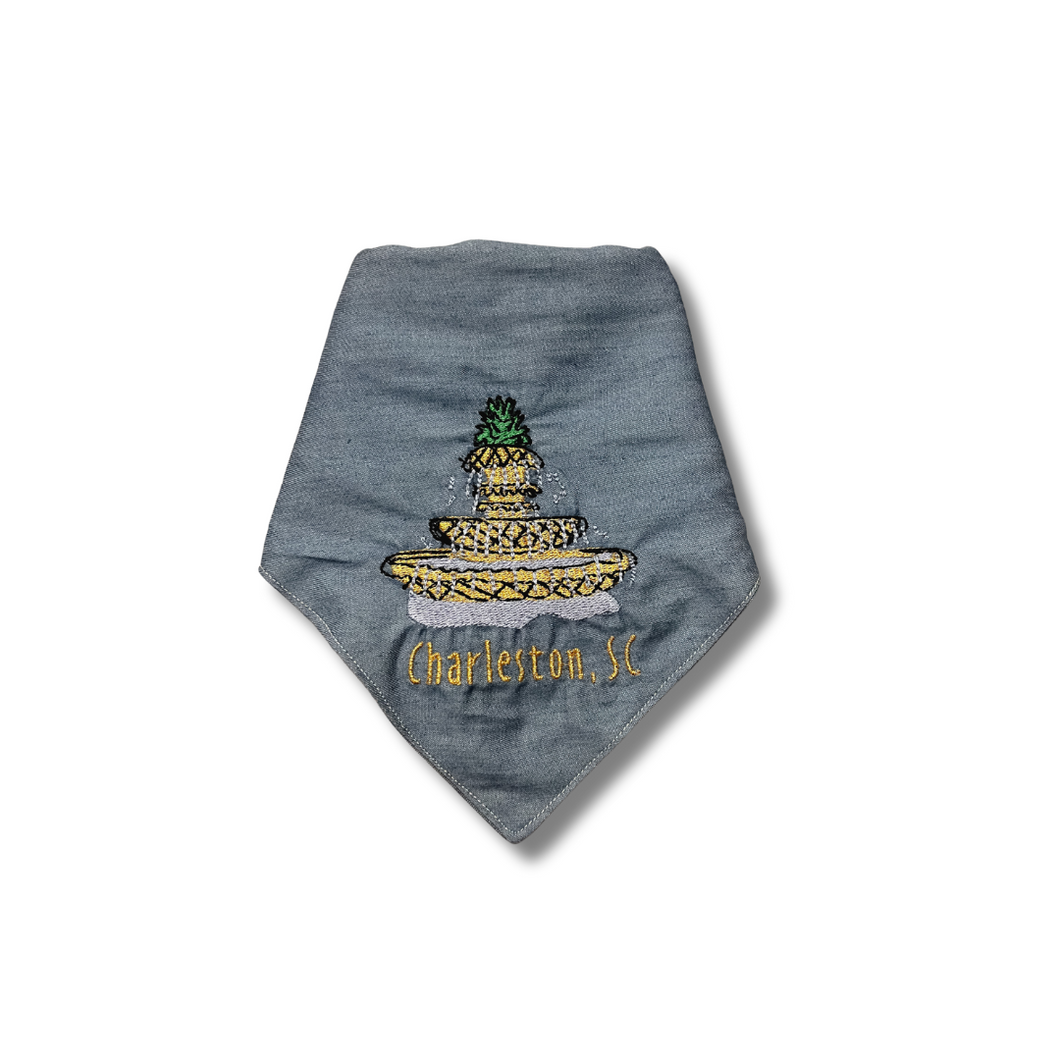 Charleston Pineapple Fountain machine embroidered dog bandana with soft macrame cord tie closure