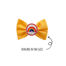 Load image into Gallery viewer, Yellow Bow Tie with embroidered Rainbow feltie center made with Alligator hair clip, over the collar or elastic headband (2 sizes available)
