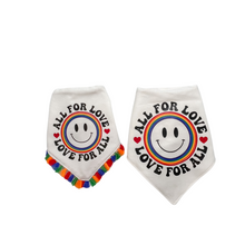 Load image into Gallery viewer, All for Love Love for All dog bandana with soft macrame cord tie closure available with or without rainbow tassel trim
