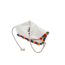Load image into Gallery viewer, All for Love Love for All dog bandana with soft macrame cord tie closure available with or without rainbow tassel trim
