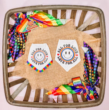 Load image into Gallery viewer, All for Love Love for All dog bandana with soft macrame cord tie closure available with or without rainbow tassel trim

