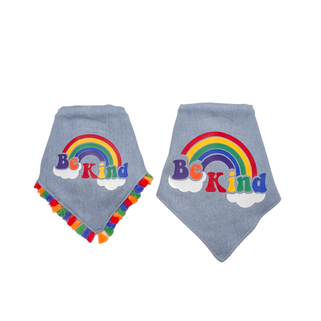 Be Kind Rainbow dog bandana with soft macrame cord tie closure available with or without rainbow tassel trim (Look for matching hair bow)