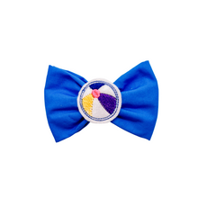 Load image into Gallery viewer, &quot;Bark-bie&quot; blue Bow Tie with embroidered beach ball feltie center made with Alligator hair clip, over the collar or elastic headband (2 sizes available)
