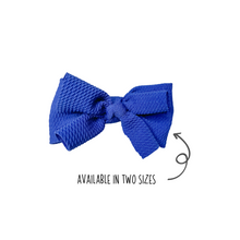 Load image into Gallery viewer, Layered waffle bows in Royal Blue made with Alligator hair clip, over the collar or elastic headband
