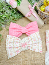 Load image into Gallery viewer, Bunny with Bows reversible dog bandana with soft macrame cord tie closure available with trim options FREE PERSONALIZATION (Look for matching bow)
