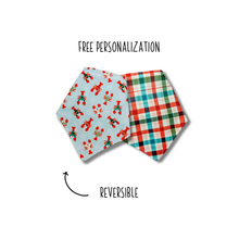 Load image into Gallery viewer, Christmas lobster and plaid Christmas reversible dog bandana with soft macrame cord tie closure FREE Personalization
