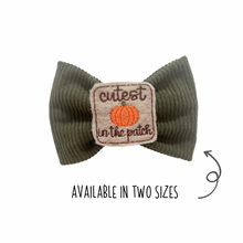 Load image into Gallery viewer, Green Corduroy Bow Tie with optional &quot;Cutest pumpkin in the patch&quot; Feltie
