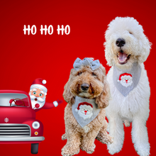 Load image into Gallery viewer, Grey cable knit velvet and felt Santa Applique Dog Bandana with Soft Macrame Cord Tie Closure (look for matching bow tie/ hair bow)
