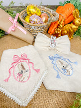 Load image into Gallery viewer, Linen bow tie with embroidered bunny bow feltie made with Alligator hair clip, over the collar or elastic headband (2 sizes available)
