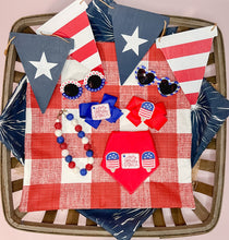 Load image into Gallery viewer, Patriotic Feltie dog bandana with soft macrame cord tie closure
