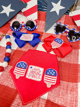 Load image into Gallery viewer, Patriotic Feltie dog bandana with soft macrame cord tie closure
