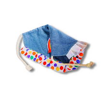 Load image into Gallery viewer, Rainbow Fringe Feltie dog bandana with soft macrame cord tie closure available with or with ribbon ruffle trim
