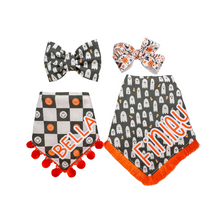 Load image into Gallery viewer, Ghosts and Smiley reversible dog bandana with soft macrame cord tie closure available with optional trim
