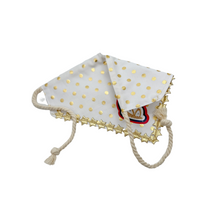 Load image into Gallery viewer, Gold Polka Dot dog bandana with soft macrame cord tie closure available with or without gold star trim trim
