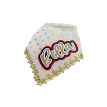 Load image into Gallery viewer, Gold Polka Dot dog bandana with soft macrame cord tie closure available with or without gold star trim trim
